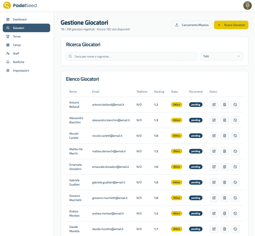 gestione giocatori per organizzare tornei di padel online