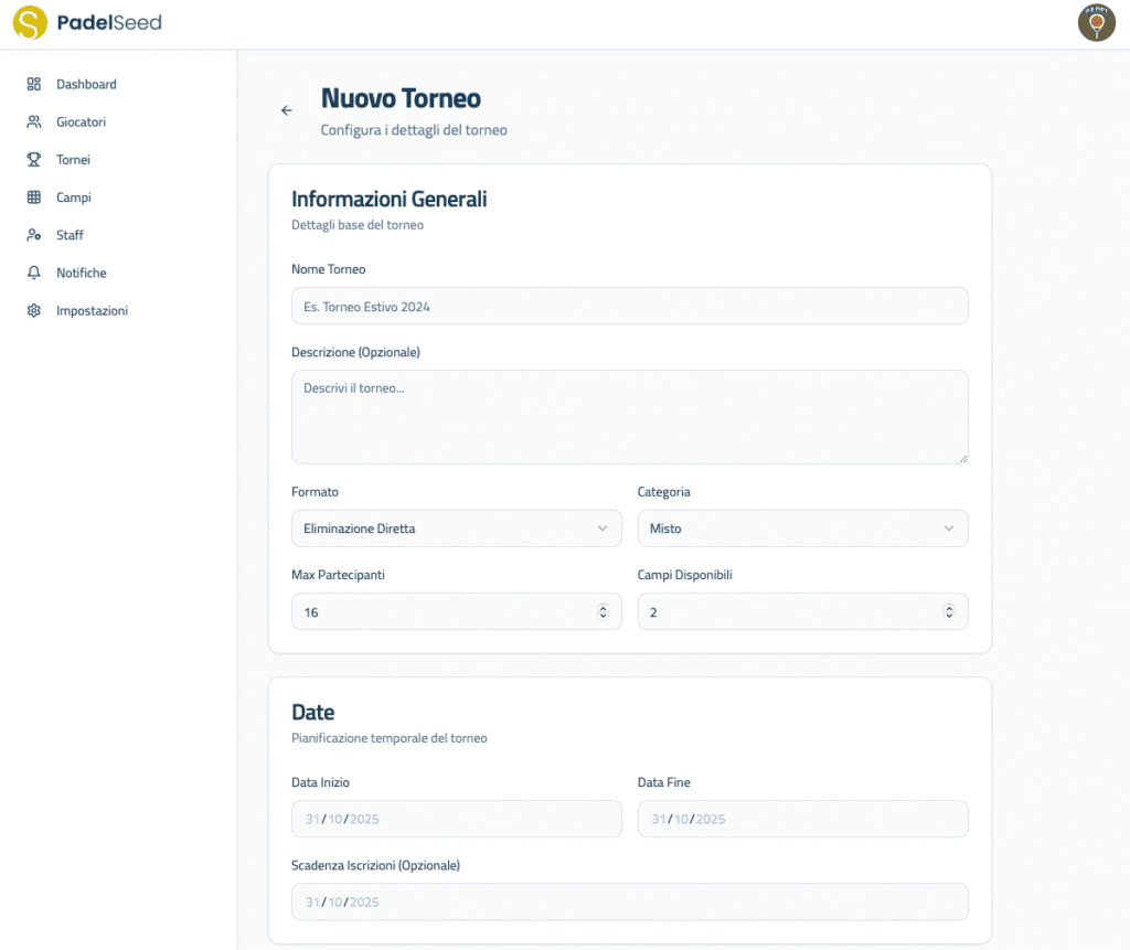 nuovo torneo organizzare tornei di padel online