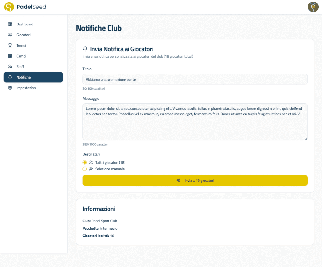 notifiche automatiche per club che organizza tornei di padel