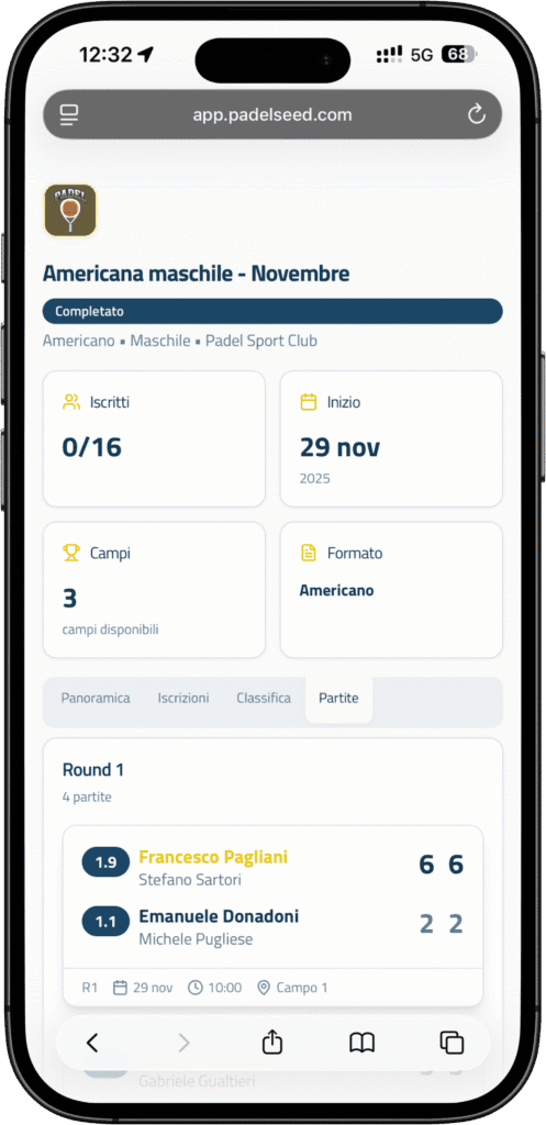 piattaforma gestione dei tornei di padel